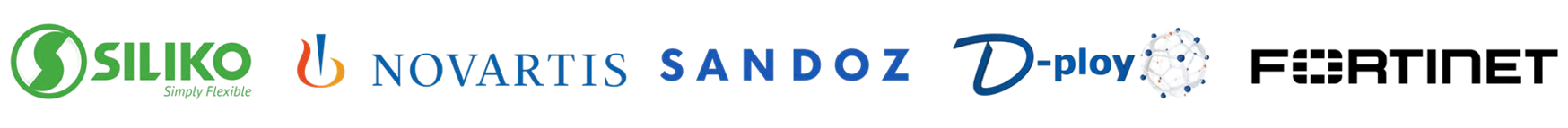 Client logos: Siliko, Novartis, Sandoz, D-play, Fortinet.